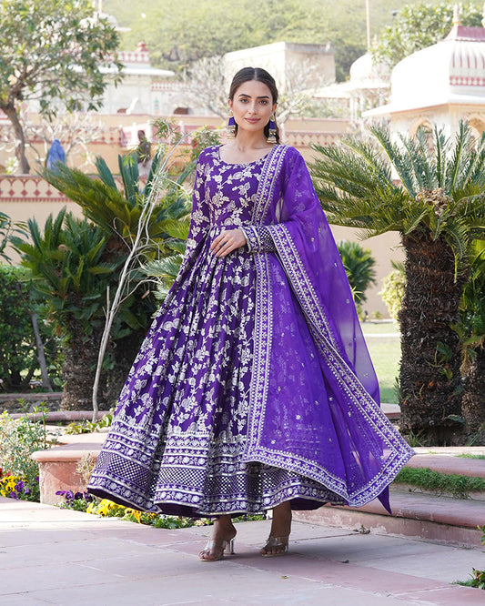 Designer Purple Color Sequence embroidered Viscose Jacquard Gown With Dupatta