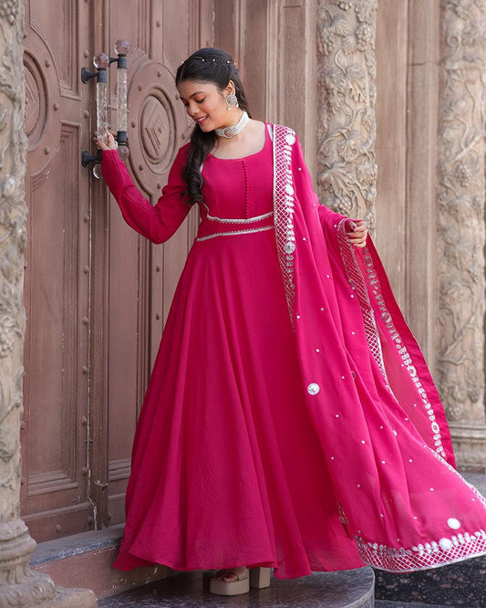 Rani Pink Embroidered Dupatta Anarkali Three Piece Suit