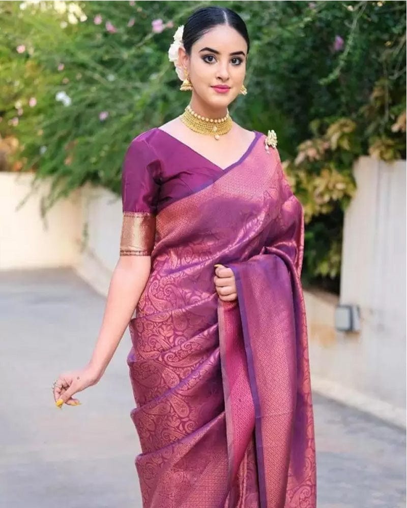 Wine Color Banarasi Soft Silk Saree