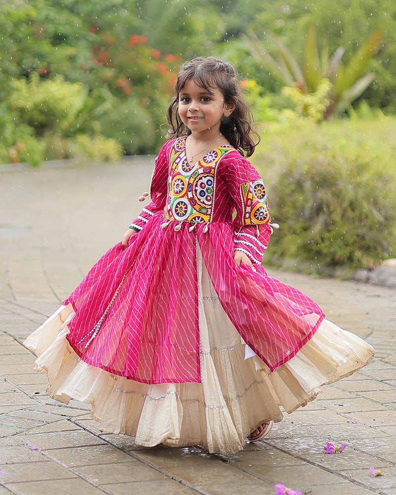 White Color Kora Cotton Lehenga With Pink Kurti