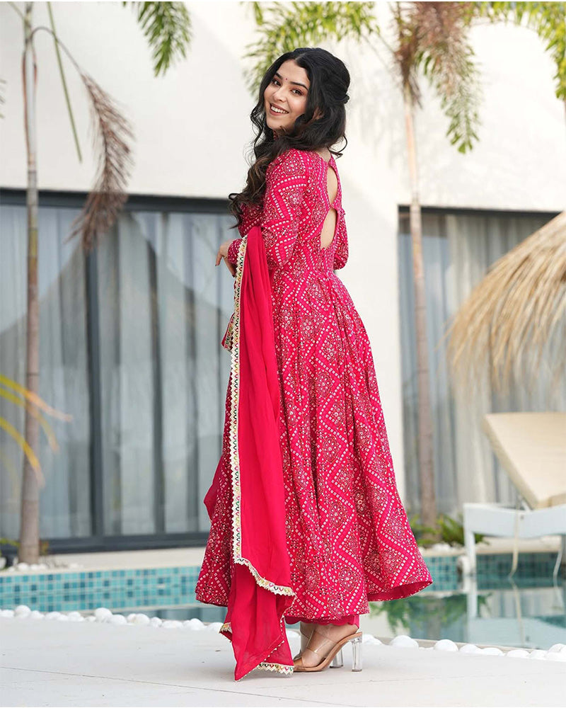 Rani Pink Color Rayon Bandhej Print Three Piece Anarkali Suit