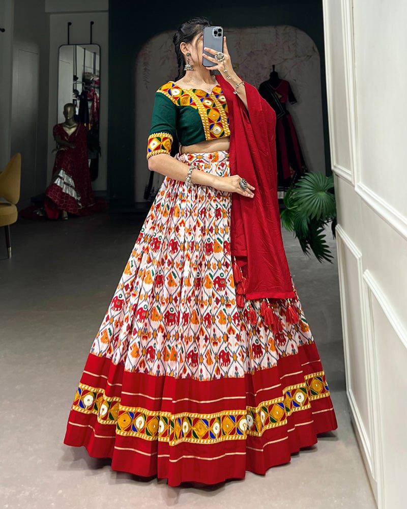 Red Color Dola Silk And Cotton Navratri Lehenga Choli