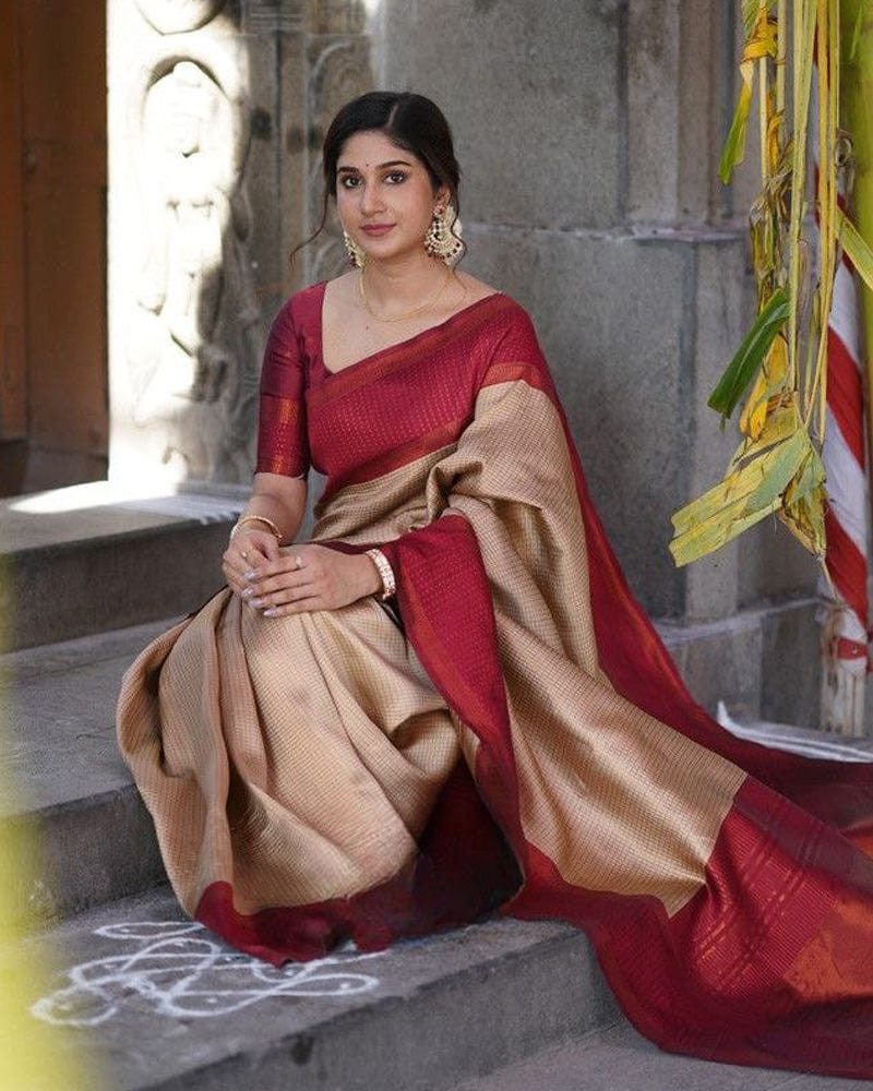 Red And Cream color banarasi Soft Silk Saree