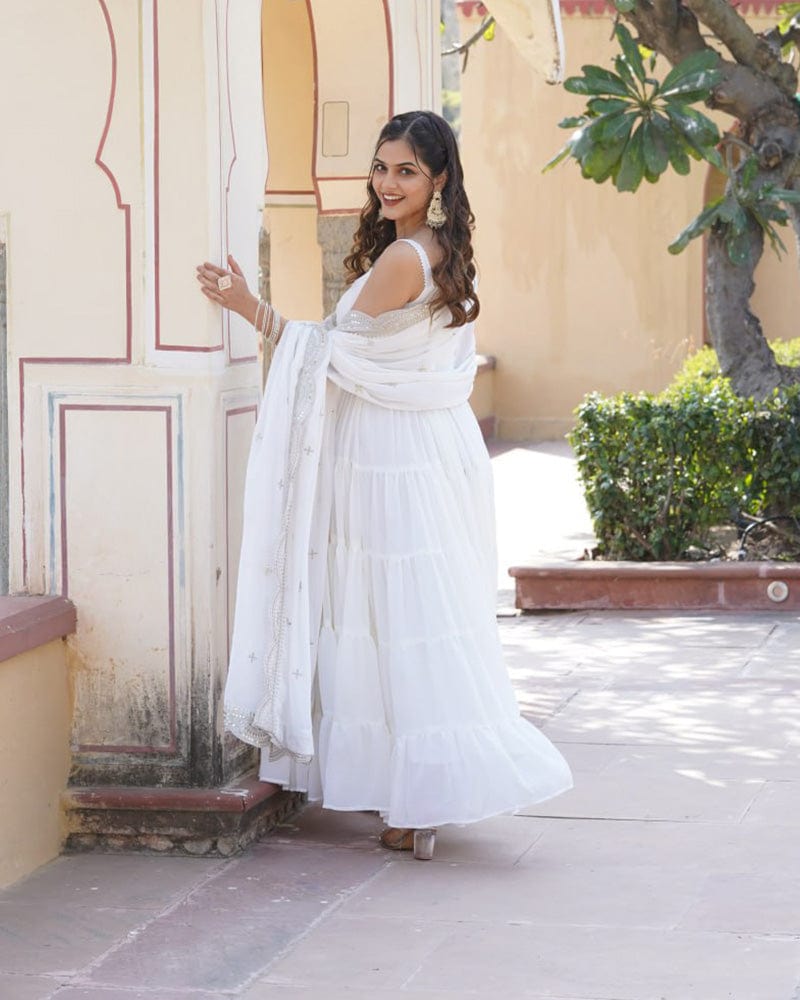 Designer White Color Frill Georgette Floor Touch Gown With Dupatta