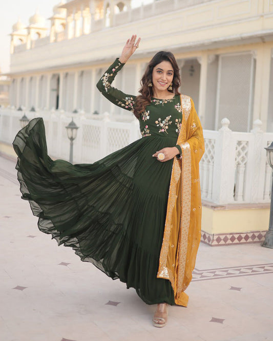 Mehndi Color Three layer Georgette Gown With Russian Silk Dupatta