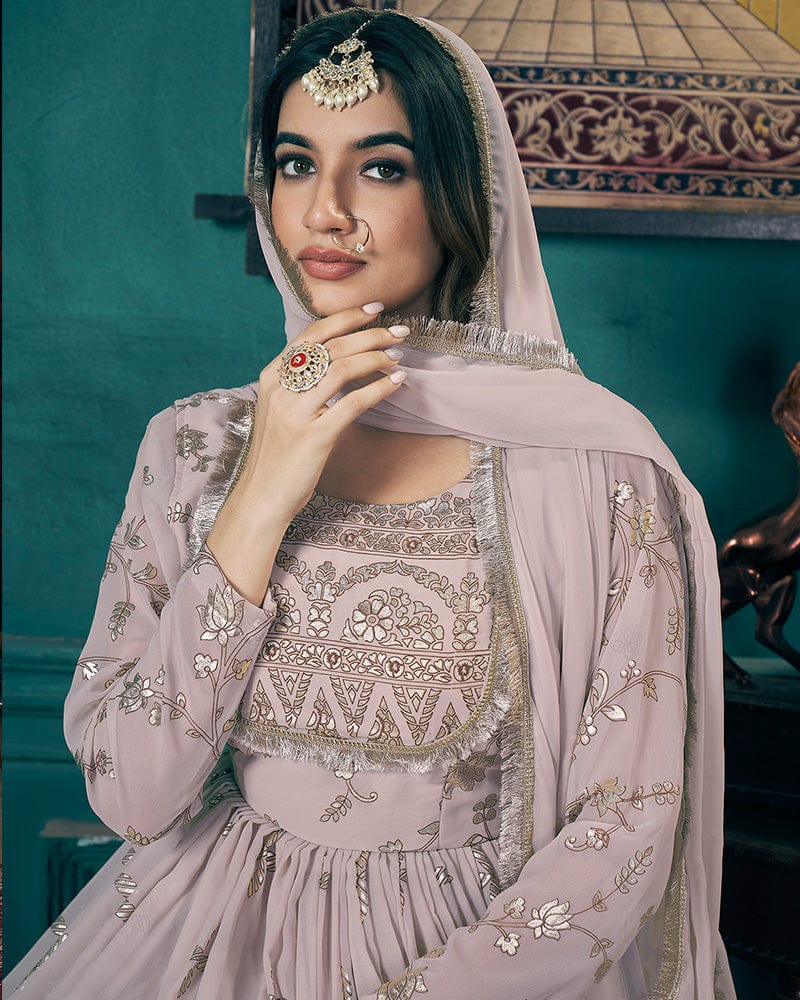 Chiku Color Faux Georgette Metalic Foil Work Gown With Dupatta