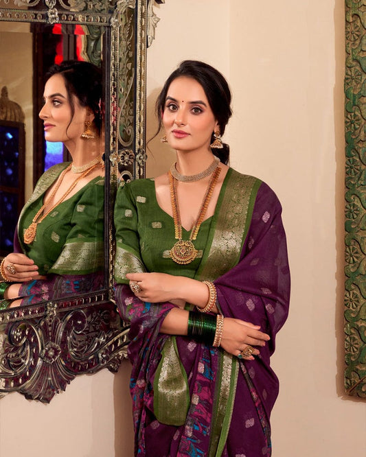 Wine Color Poly Cotton Kalamkari Print With Zari Work saree