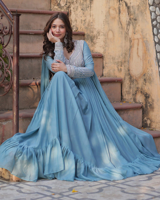Sky Color Star Georgette Embroidered Gown