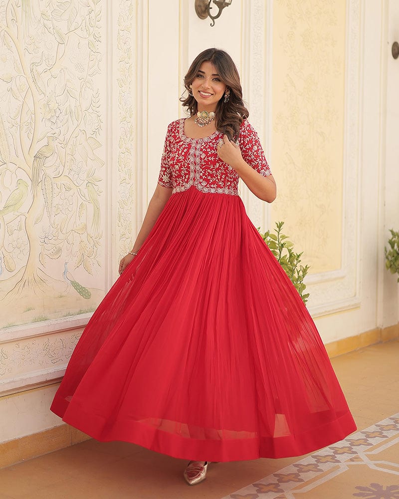 Red Color Faux Blooming Zari sequence Embroidered Gown