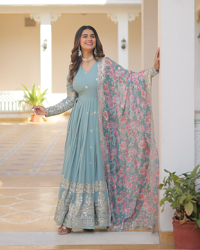 Sky Color Faux Georgette Designer Gown With Dupatta