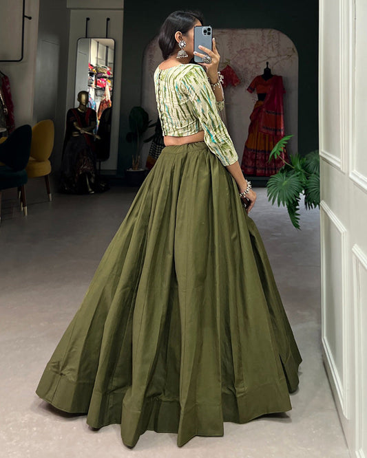 Mehndi Color Cotton Crop Top Navratri Lehenga Choli