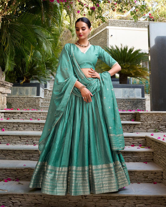 Sea Green Color Pure Chanderi Plain Navratri Lehenga Choli