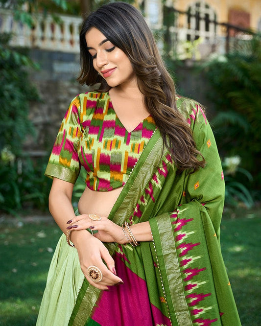 Pista Color Tussar Silk Printed Navratri Lehenga Choli