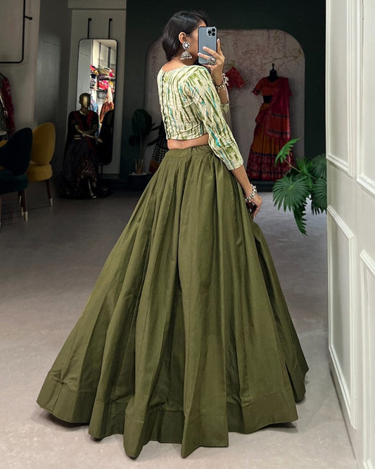 Mehndi Color Cotton Crop Top Navratri Lehenga Choli