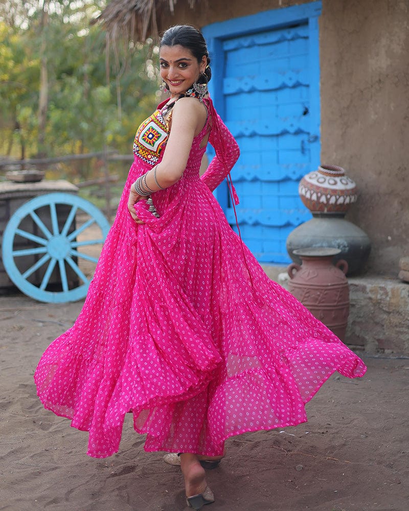Pink Color Georgette Full Flair Navratri Gown