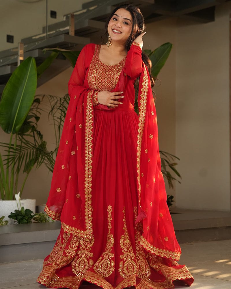 Red Color Faux Blooming Embroidered Gown