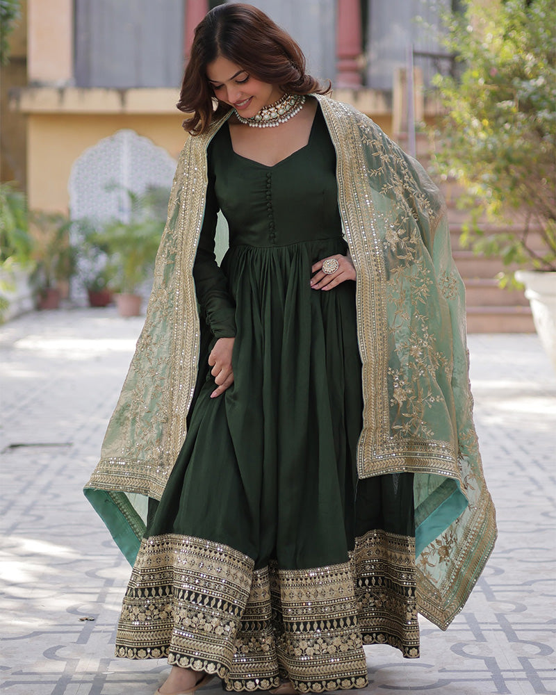 Mehndi Color Vichitra Shimmer Sequence Embroidered Gown