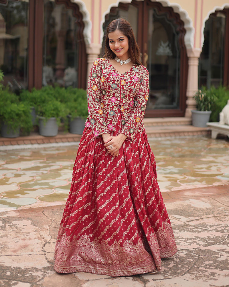 Dark Maroon Color Viscose jacquard Crop Top Lehenga Choli