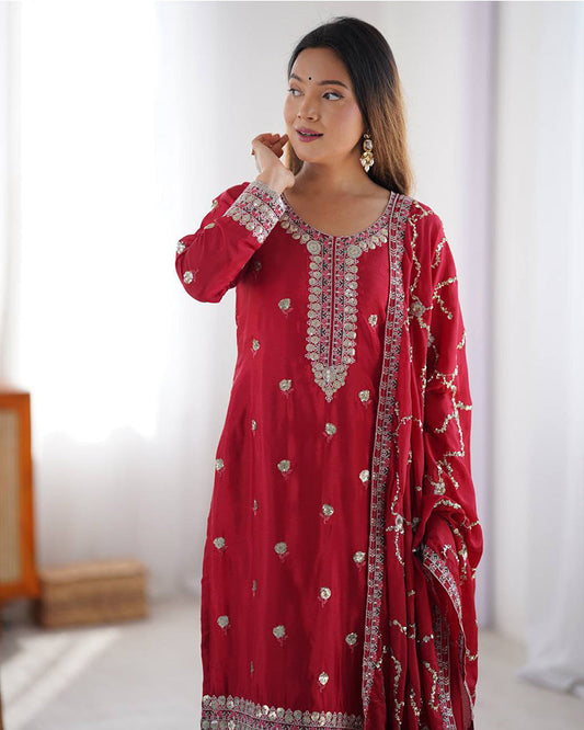 Red Color Chinon Silk Embroidered Three Piece Kurti Suit