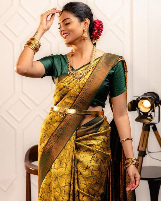 Yellow Color Banarasi Jacquard Soft Silk Saree