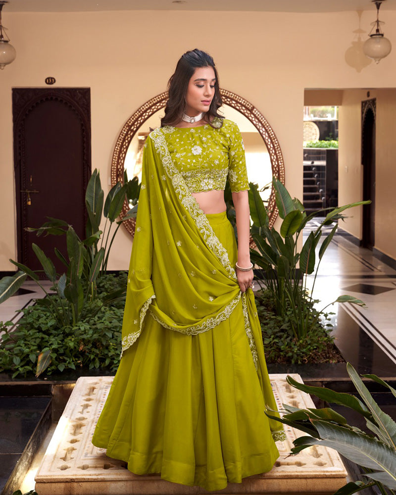 Parrot Green Color Star Georgette Embroidered Lehenga Choli