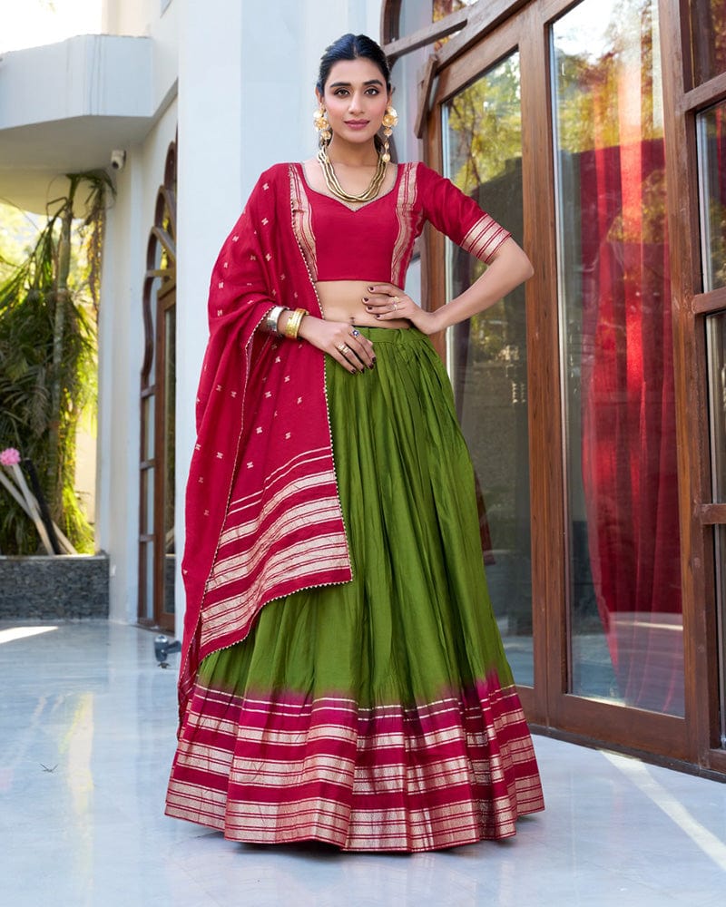 Mehndi Color Pure Chanderi Plain Lehenga Choli