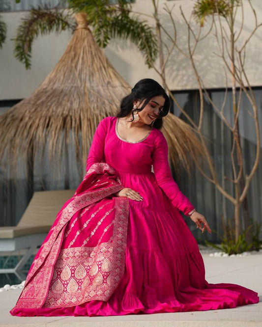Rani Pink Color Pure Chanderi Silk Frill Style Anarkali Suit