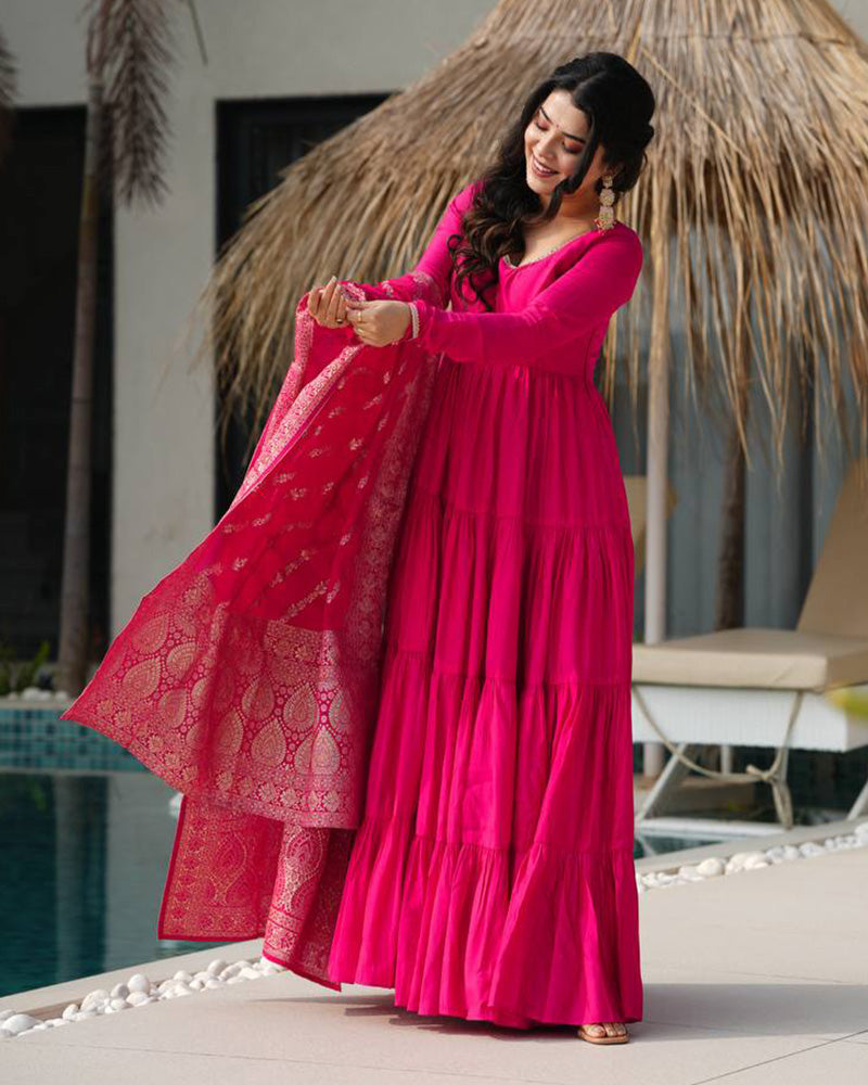 Rani Pink Color Pure Chanderi Silk Frill Style Anarkali Suit