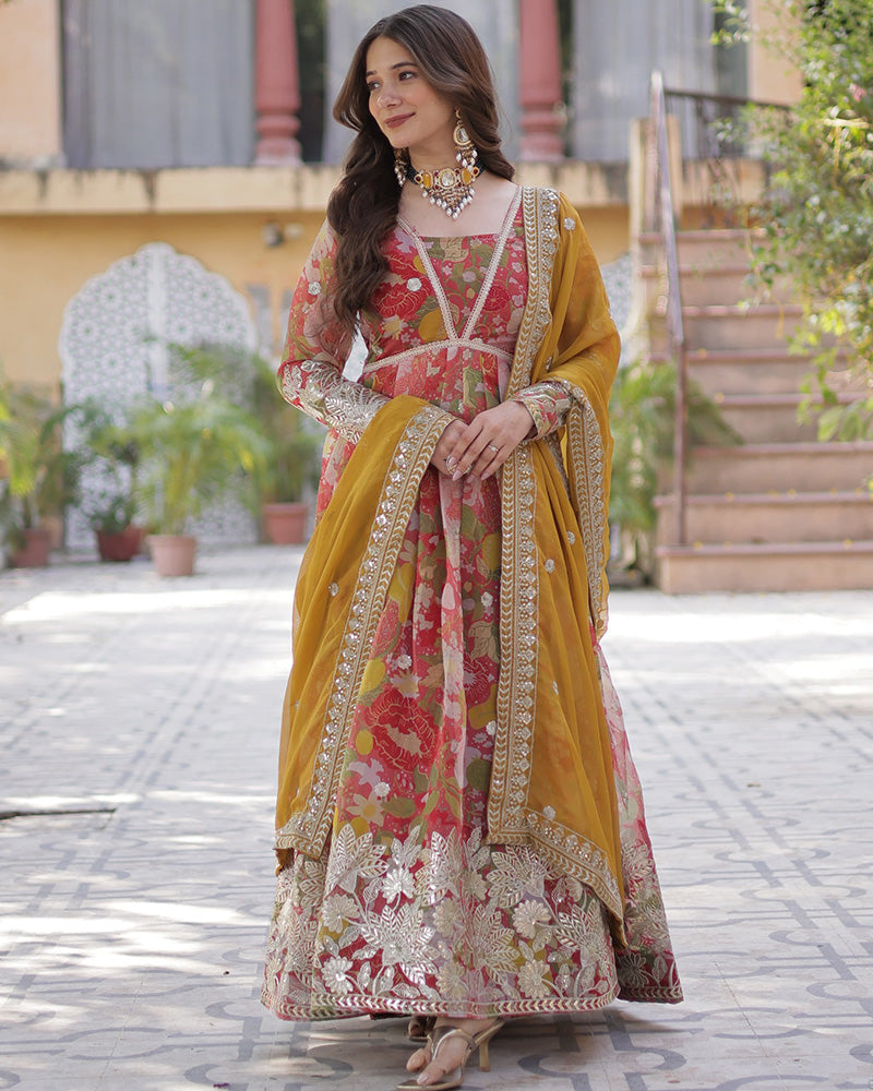 Pinkish Red Color Alia Cut Embroidered Gown With Dupatta