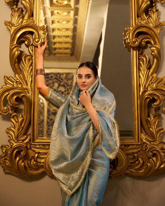 Sky Blue Color Weightless Tissue Shimmer Saree