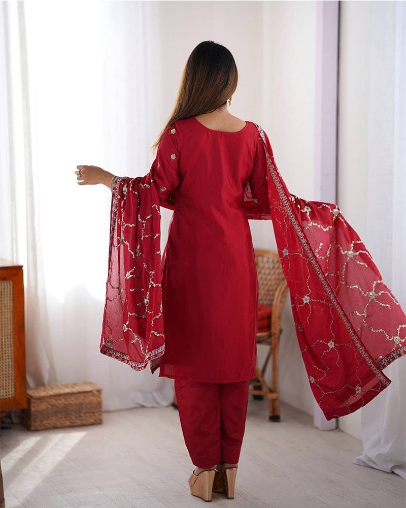 Red Color Chinon Silk Embroidered Three Piece Kurti Suit