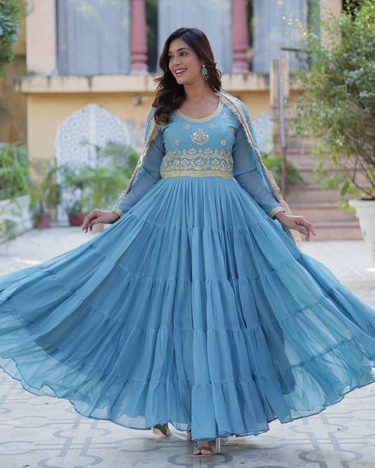 Sky Color Star Georgette Gown With Embroidered Dupatta