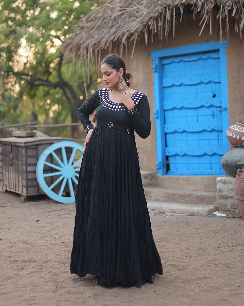 Black Color Rayon Mirror Work Navratri Gown