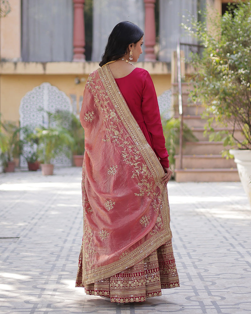 Rani Pink Color Vichitra Shimmer Sequence Embroidered Gown