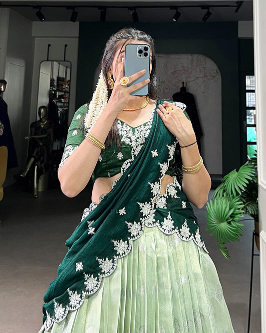 Pista Color Zari Kota Embroidered Lehenga Choli