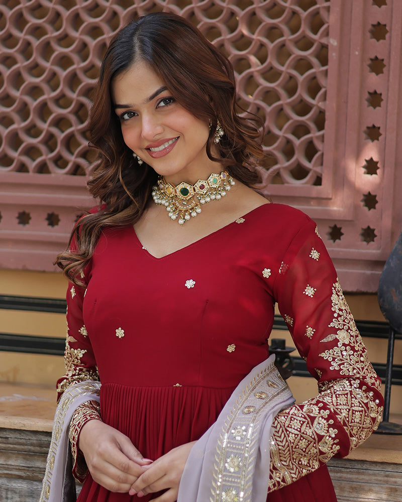 Rusty Red Color Faux Blooming Zari Embroidered Work Gown