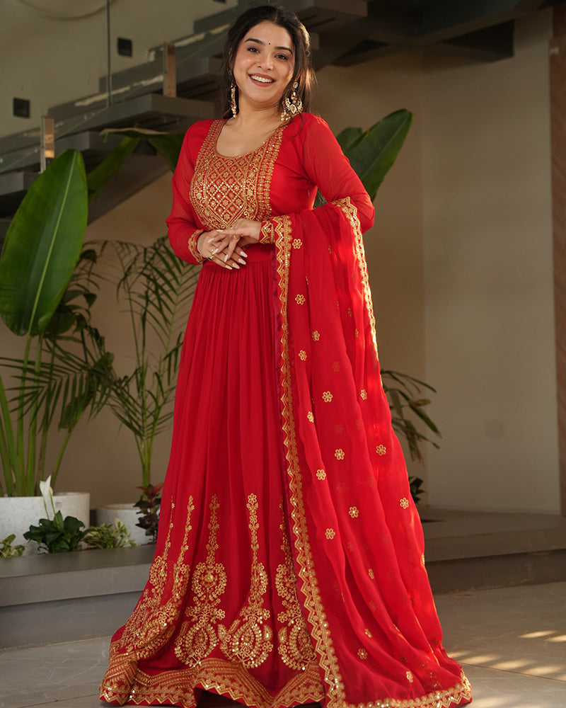 Red Color Faux Blooming Embroidered Gown