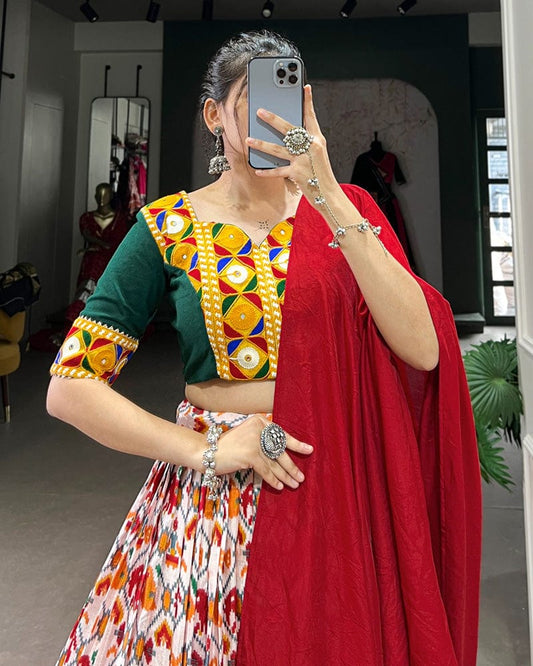 Red Color Dola Silk And Cotton Navratri Lehenga Choli