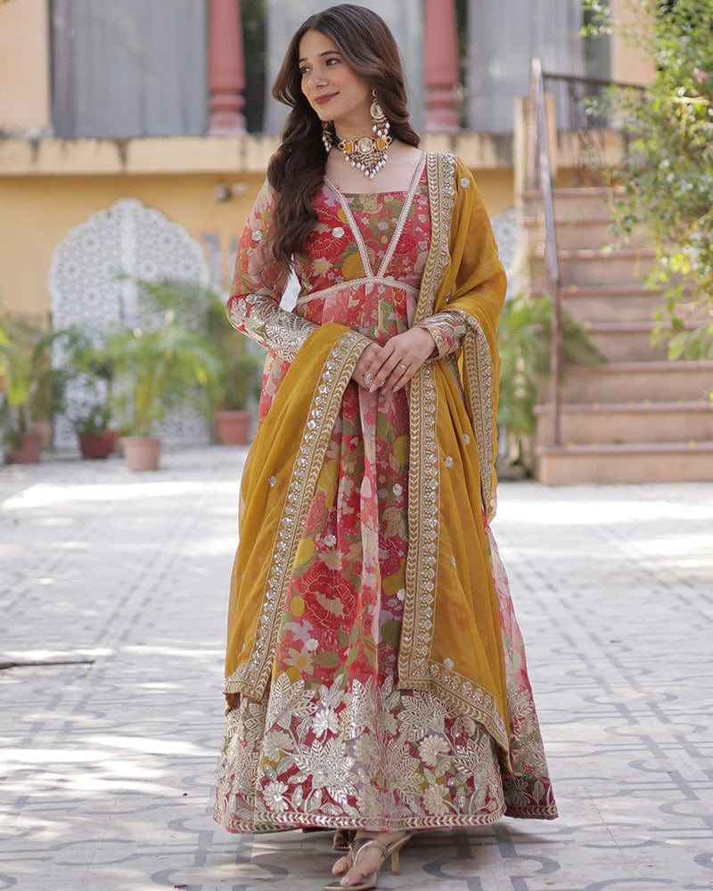 Pinkish Red Color Alia Cut Embroidered Gown With Dupatta