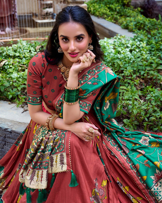 Orange Color Tussar Silk Kalamkari Printed Lehenga Choli