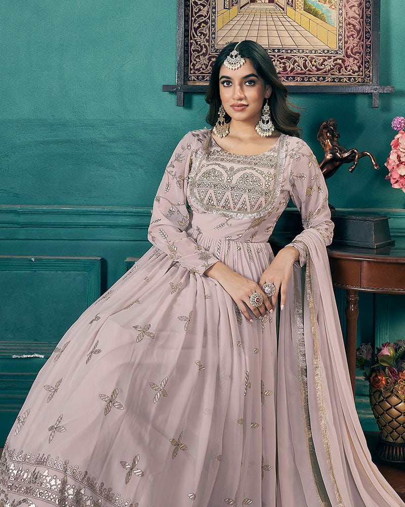 Chiku Color Faux Georgette Metalic Foil Work Gown With Dupatta