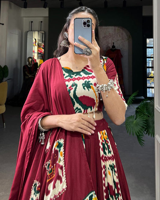 Maroon Color Rayon Silk Printed Fully Stitched Navratri Lehenga Choli