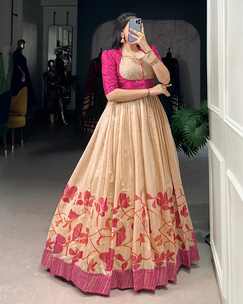 Pink Color Green Silk Printed Gown With koti