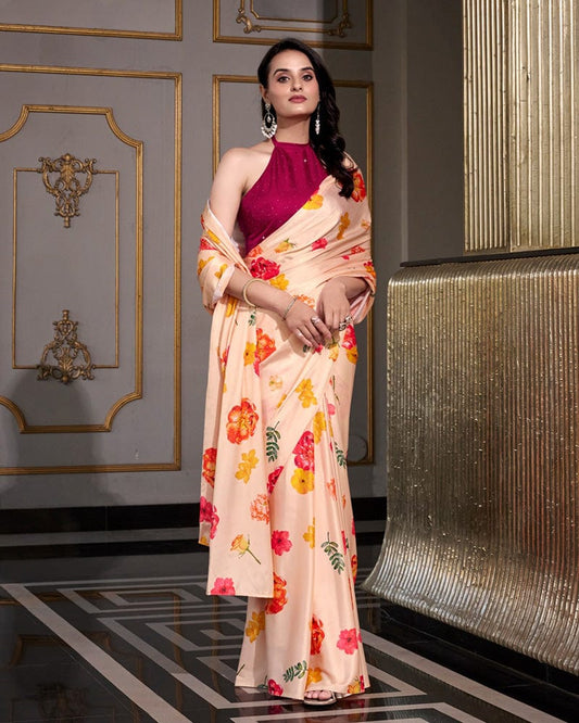 Cream Color Satin Silk Printed Saree