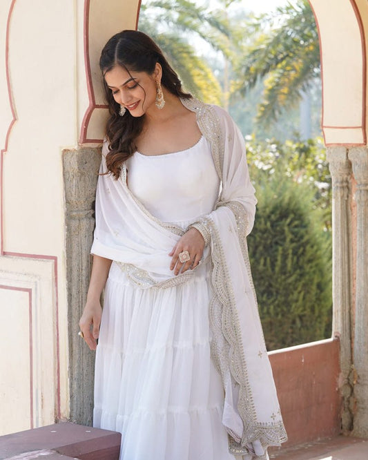 Designer White Color Frill Georgette Floor Touch Gown With Dupatta