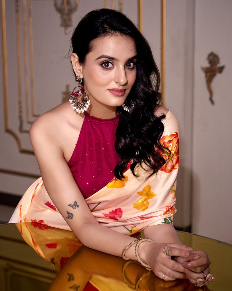 Cream Color Satin Silk Printed Saree