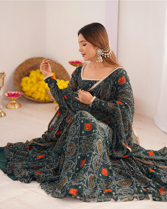 Green Color Bandhej Print Soft Chiffon Anarkali Gown