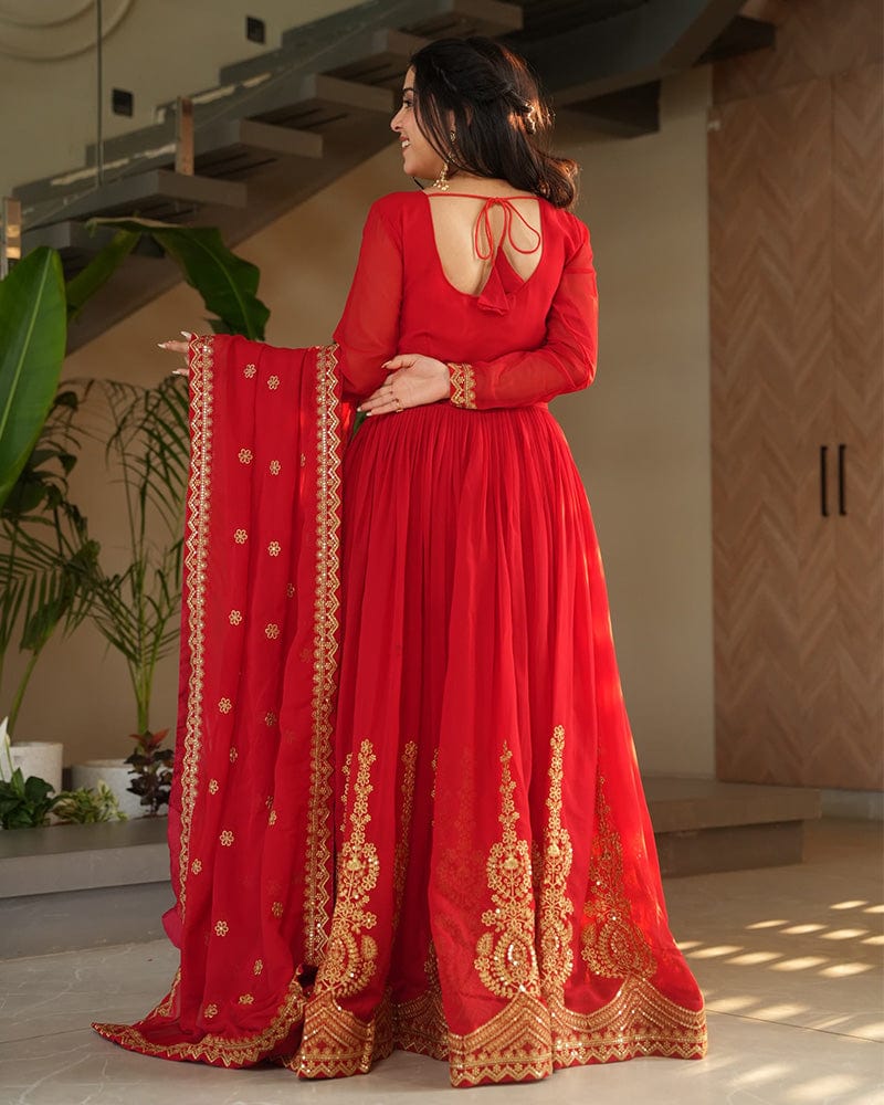 Red Color Faux Blooming Embroidered Gown