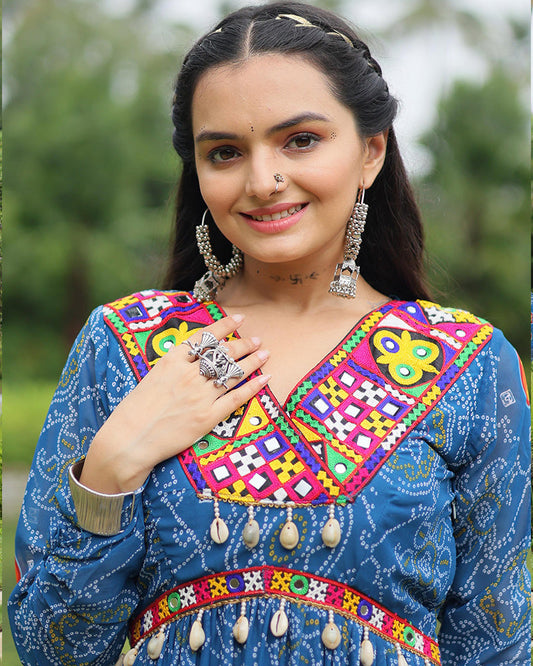 Blue Color Georgette Kutchi Work Navratri Gown