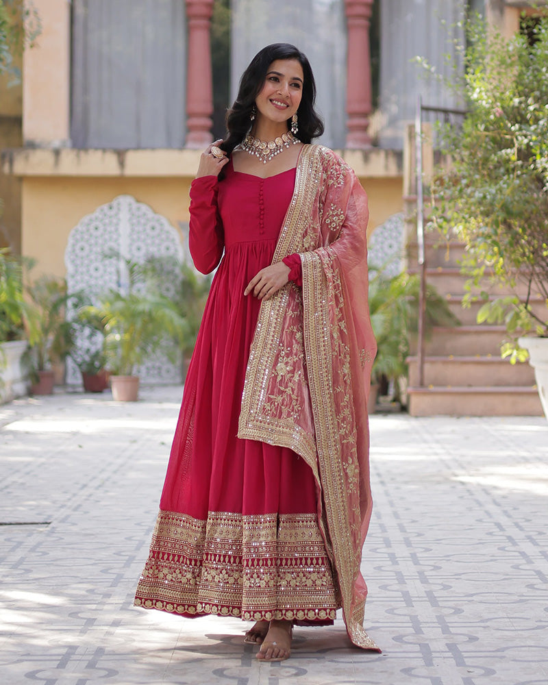 Rani Pink Color Vichitra Shimmer Sequence Embroidered Gown